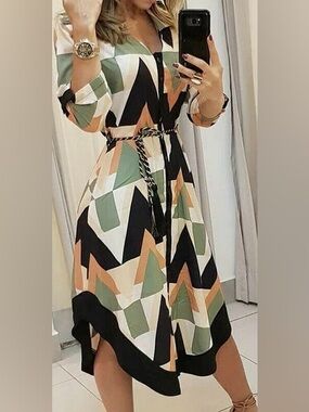 Chic Me button down belted midi color block dress